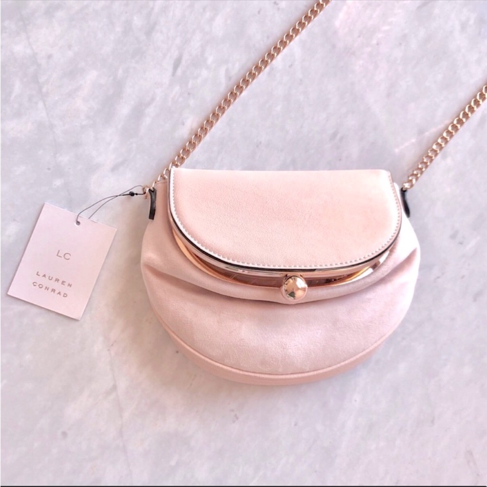 New Lauren Conrad LC “Lili” Frame Flap Blush Pink Rose Gold Crossbody Bag Purse